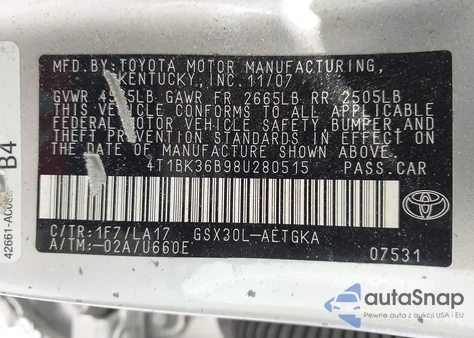 2008 Toyota Avalon Xls from USA, damaged, VIN 4T1BK36B98U28051